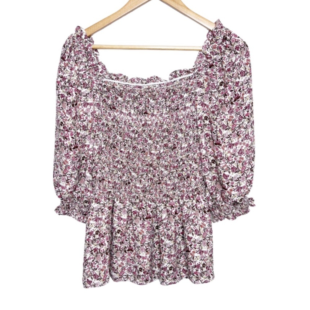 NWT Max‎ Studio Womens Floral Smocked Square Neck Peplum Top Blouse 3/4 Sleeve